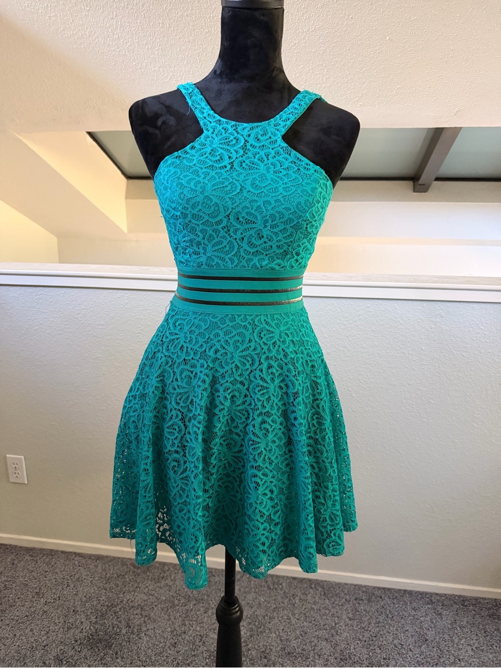 City Studio Teal Lace Halter Fit & Flare Dress with Striped Waistband